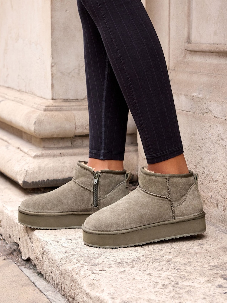 Khaki Green Shower Repellent Faux Fur Lined Platform Boots - Image 1 of 7
