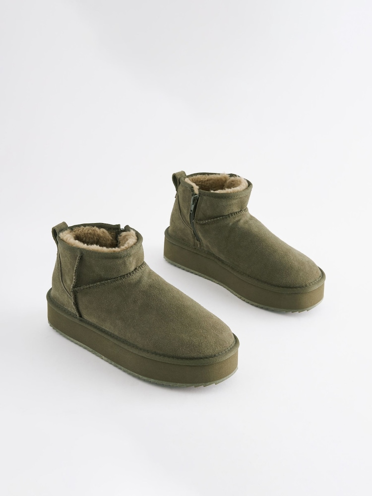 Khaki Green Shower Repellent Faux Fur Lined Platform Boots - Image 3 of 7