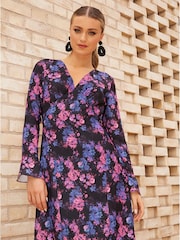Chi Chi London Natural Long Sleeve V-Neck Floral Midi Dress - Image 1 of 4