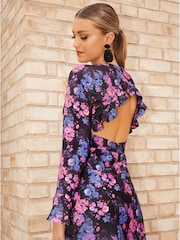 Chi Chi London Natural Long Sleeve V-Neck Floral Midi Dress - Image 2 of 4