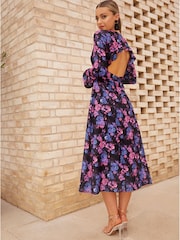 Chi Chi London Natural Long Sleeve V-Neck Floral Midi Dress - Image 3 of 4