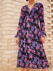 Chi Chi London Natural Long Sleeve V-Neck Floral Midi Dress - Image 4 of 4