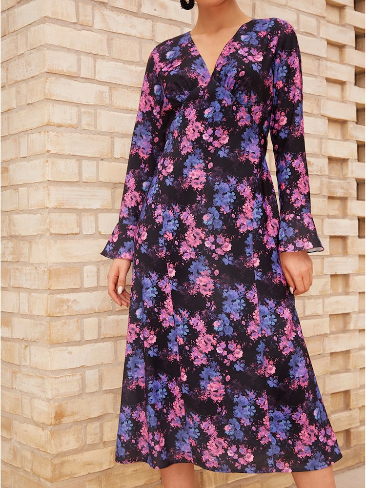Chi Chi London Natural Long Sleeve V-Neck Floral Midi Dress - Image 4 of 4