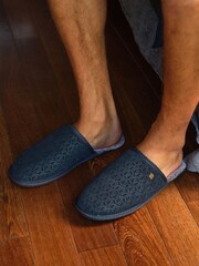 Navy Blue Suede Embossed Mule Slippers - Image 1 of 8