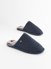 Navy Blue Suede Embossed Mule Slippers - Image 2 of 8