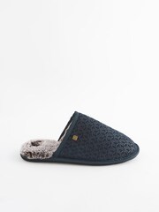 Navy Blue Suede Embossed Mule Slippers - Image 3 of 8