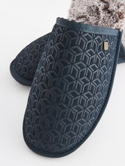 Navy Blue Suede Embossed Mule Slippers - Image 4 of 8