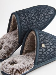 Navy Blue Suede Embossed Mule Slippers - Image 5 of 8