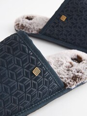 Navy Blue Suede Embossed Mule Slippers - Image 6 of 8