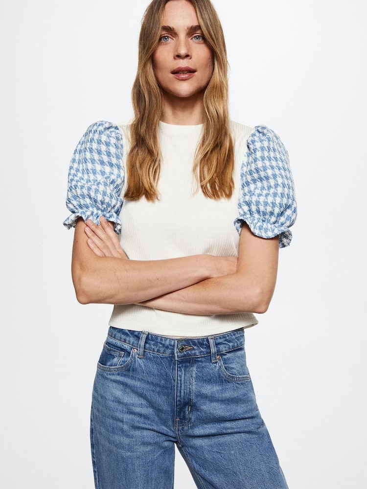 Mango Puffed Sleeves White Ribbed T-Shirt - Image 1 of 5 Mango Puffed Sleeves White Ribbed T-Shirt - Image 1 of 5