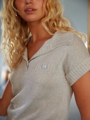 Neutral/Glitzer - Kurzärmeliges Leinen Polo Neck Top - Bild 2 von 6