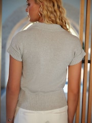 Neutral/Glitzer - Kurzärmeliges Leinen Polo Neck Top - Bild 3 von 6