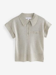 Neutral/Glitzer - Kurzärmeliges Leinen Polo Neck Top - Bild 5 von 6