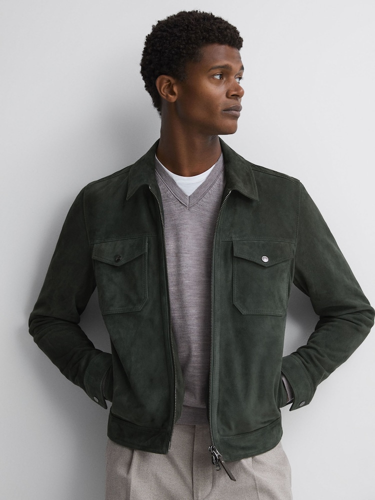 Reiss Forest Green Pike Suede Zip-Through Trucker Jacket - Image 1 of 4