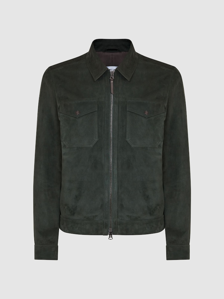 Reiss Forest Green Pike Suede Zip-Through Trucker Jacket - Image 2 of 4