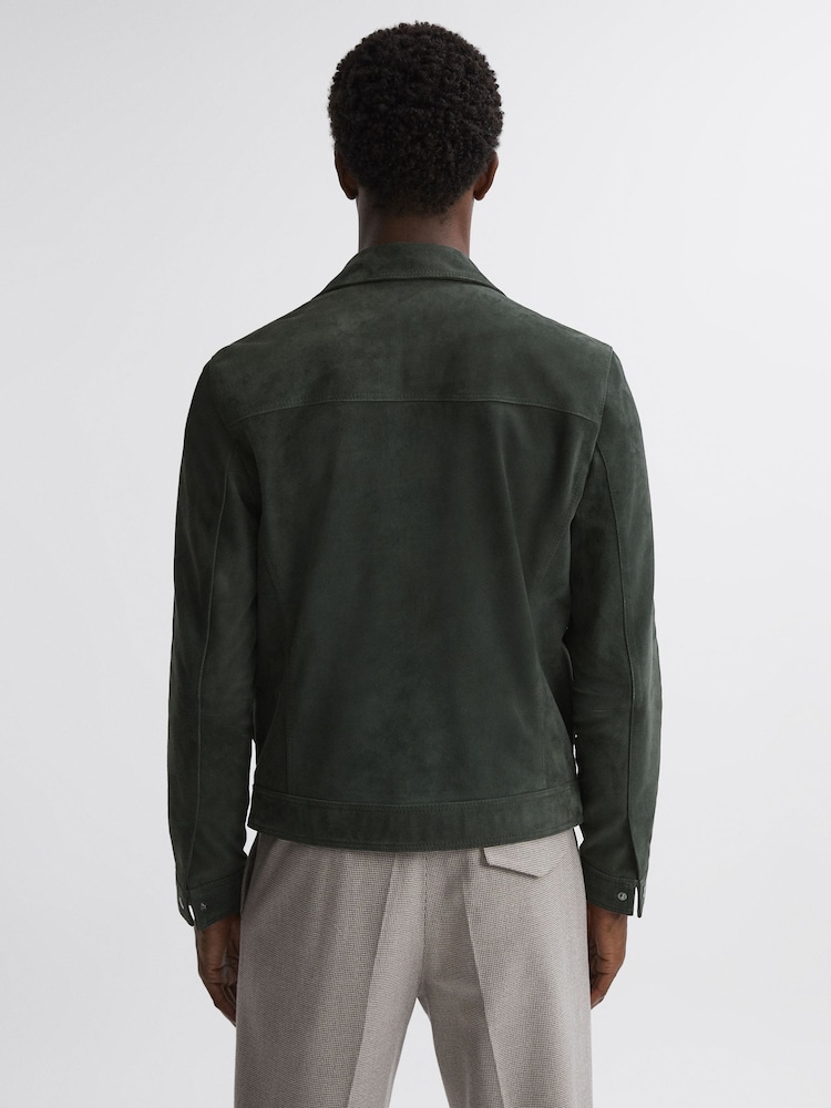 Reiss Forest Green Pike Suede Zip-Through Trucker Jacket - Image 4 of 4