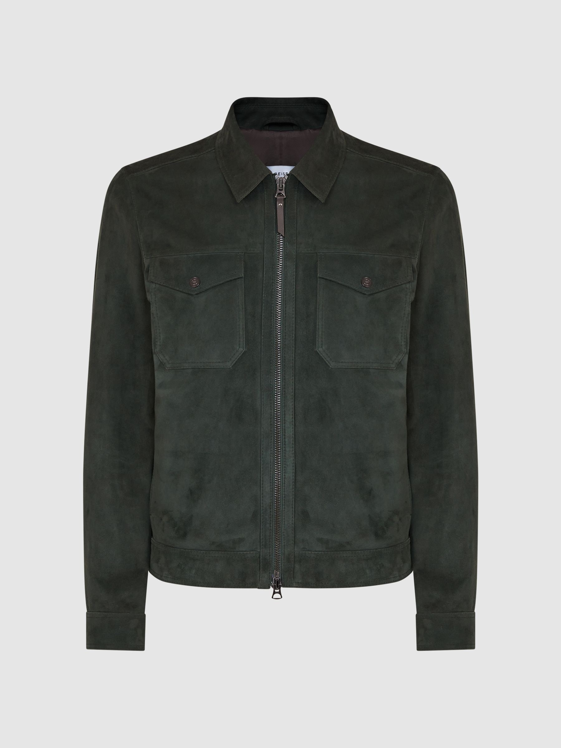 Buy Reiss Forest Green Pike Suede Zip-Through Trucker Jacket from