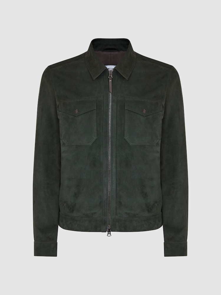 Reiss Forest Green Pike Suede Zip-Through Trucker Jacket - Image 8 of 8 Reiss Forest Green Pike Suede Zip-Through Trucker Jacket - Image 8 of 8