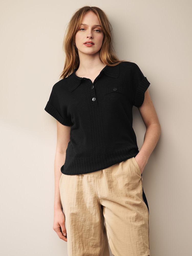 Schwarz - Kurzärmeliges Leinen Polo Neck Top - Bild 1 von 6