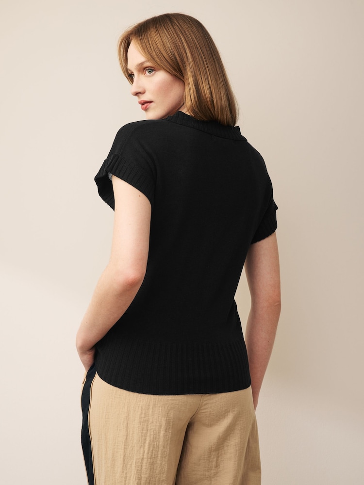 Schwarz - Kurzärmeliges Leinen Polo Neck Top - Bild 2 von 6