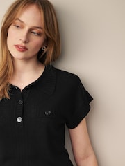 Schwarz - Kurzärmeliges Leinen Polo Neck Top - Bild 3 von 6