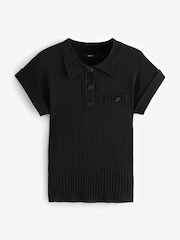 Schwarz - Kurzärmeliges Leinen Polo Neck Top - Bild 5 von 6