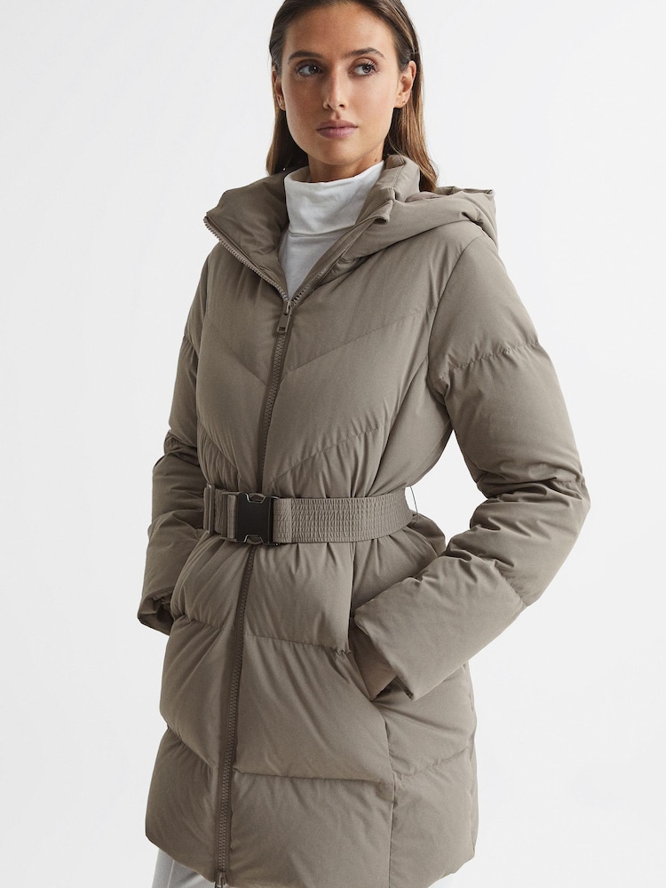 Reiss Mink Rosa Hooded Mid Length Waisted Puffer Jacket - Image 1 of 8 Reiss Mink Rosa Hooded Mid Length Waisted Puffer Jacket - Image 1 of 8