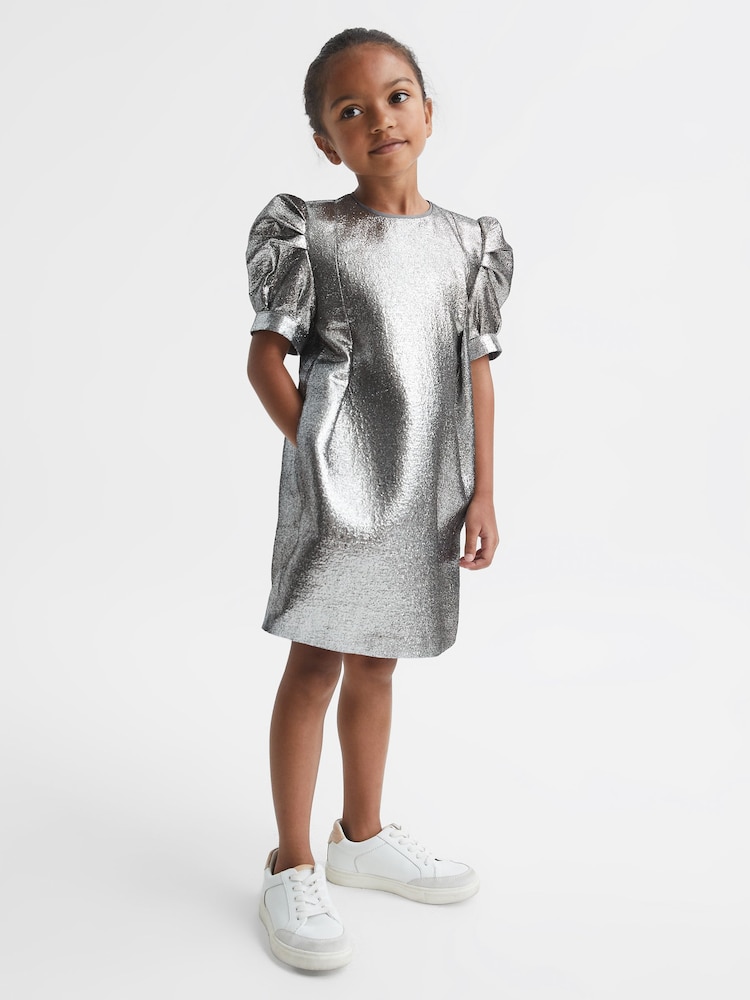 Reiss Silver Ellie Senior Metallic Shoulder Detail Dress - Image 1 of 6