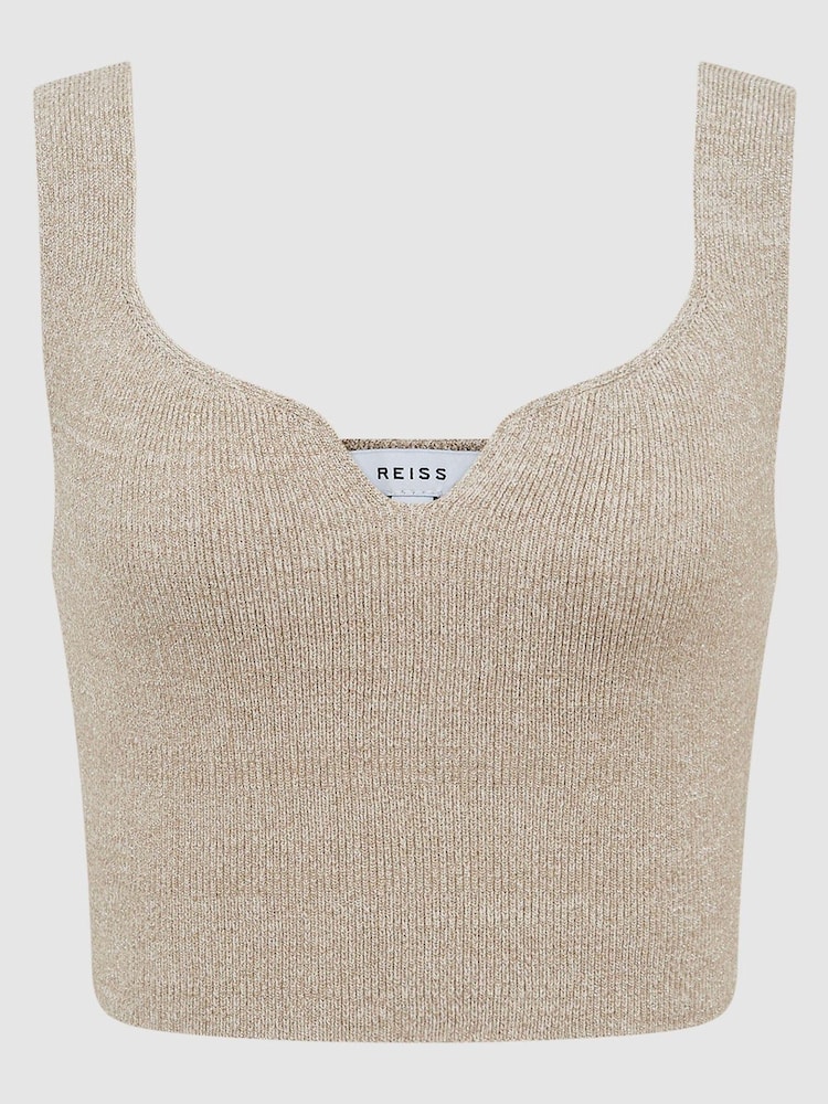 Reiss Gold Donna Metallic Cropped Sweetheart Neckline Top - Image 2 of 5