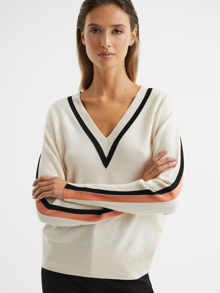 Reiss Camel/Coral Nina Colourblock Stripe V-Neck Jumper - Image 1 of 6