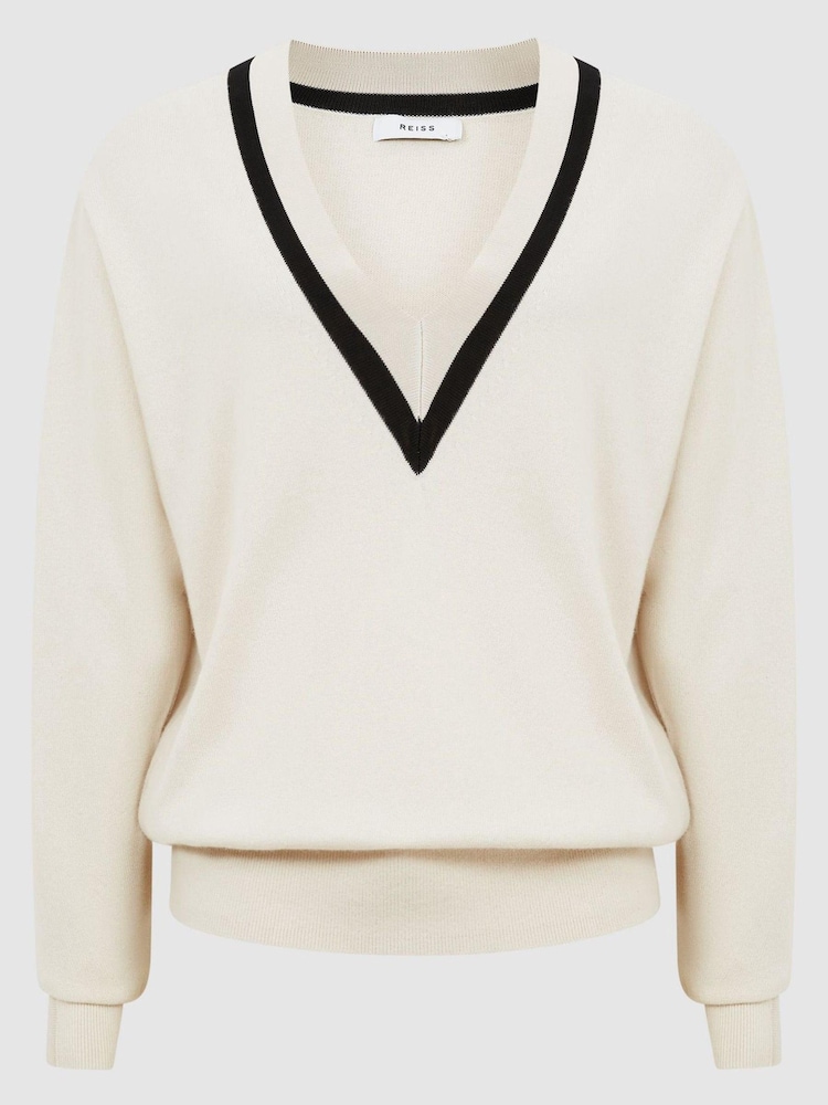 Reiss Camel/Coral Nina Colourblock Stripe V-Neck Jumper - Image 2 of 6