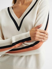 Reiss Camel/Coral Nina Colourblock Stripe V-Neck Jumper - Image 4 of 6