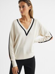 Reiss Camel/Coral Nina Colourblock Stripe V-Neck Jumper - Image 6 of 6