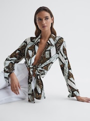 Reiss Brown Hallie Snake Print Tie Blouse - Image 1 of 6