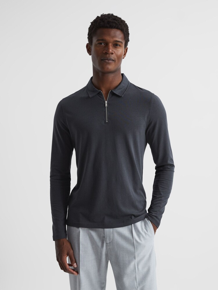 Reiss Slate Grey Rogue Textured Half Zip Long Sleeve Polo Shirt - Image 1 of 6