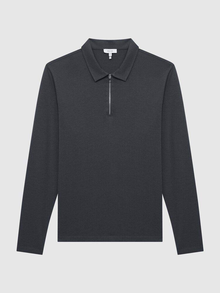 Reiss Slate Grey Rogue Textured Half Zip Long Sleeve Polo Shirt - Image 2 of 6