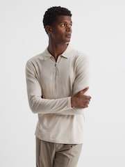 Reiss Birch White Rogue Textured Half Zip Long Sleeve Polo Shirt - Image 1 of 6