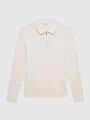 Reiss Birch White Rogue Textured Half Zip Long Sleeve Polo Shirt - Image 2 of 6