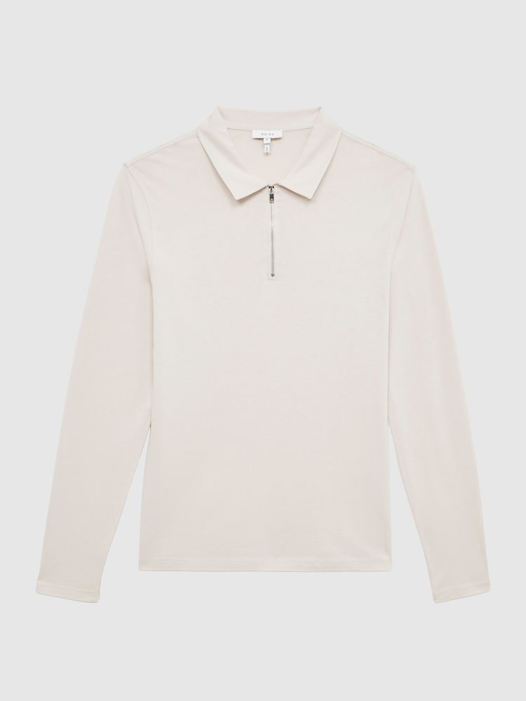 Reiss Birch White Rogue Textured Half Zip Long Sleeve Polo Shirt - Image 2 of 6