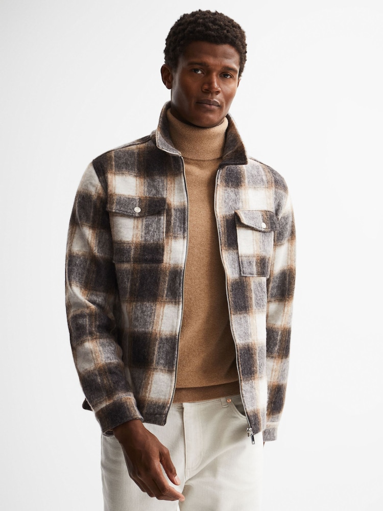 Reiss Brown Angelo Angelo Check Zip Overshirt - Image 1 of 7