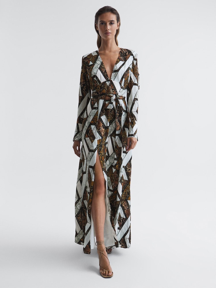Reiss Brown Loren Snake Print Plunge Maxi Dress - Image 1 of 8