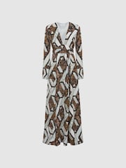 Reiss Brown Loren Snake Print Plunge Maxi Dress - Image 2 of 8