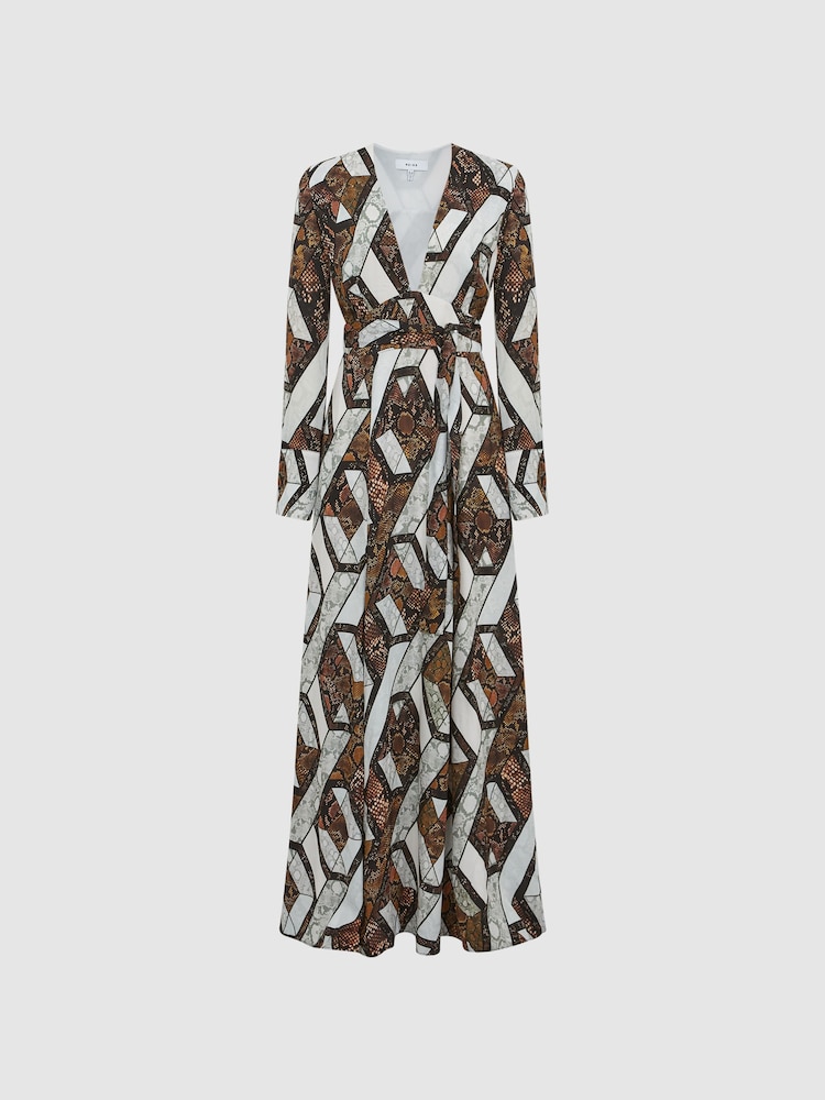 Reiss Brown Loren Snake Print Plunge Maxi Dress - Image 2 of 8