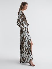 Reiss Brown Loren Snake Print Plunge Maxi Dress - Image 3 of 8