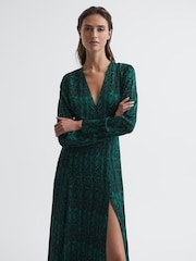 Reiss Teal Greta Long Sleeve Printed Midi Dress - Image 1 of 7