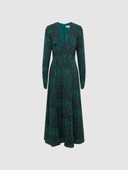Reiss Teal Greta Long Sleeve Printed Midi Dress - Image 2 of 7