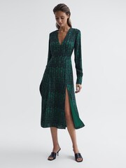 Reiss Teal Greta Long Sleeve Printed Midi Dress - Image 3 of 7