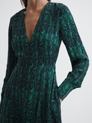 Reiss Teal Greta Long Sleeve Printed Midi Dress - Image 4 of 7