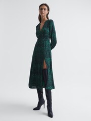Reiss Teal Greta Long Sleeve Printed Midi Dress - Image 7 of 7