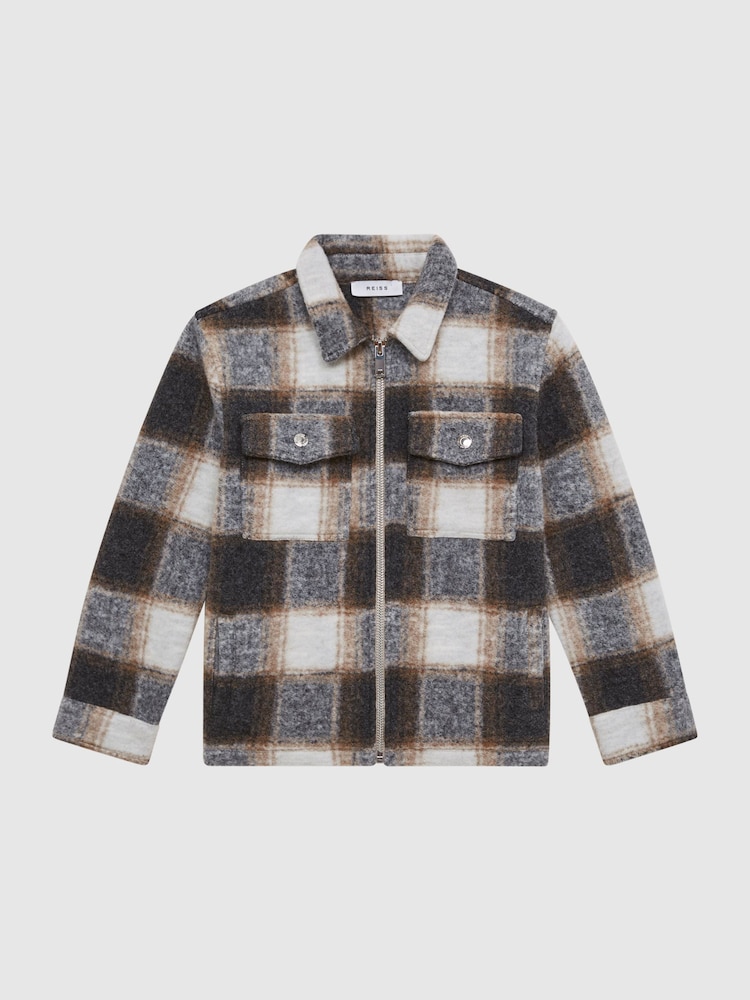 Reiss Charcoal Angelo Senior Checked Zip Up Overshirt - Image 2 of 6